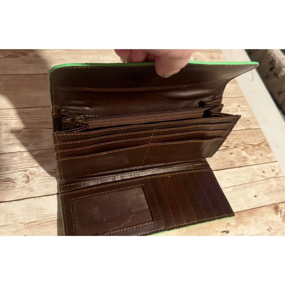 Green Dyed with Cow Hide Leather Gold Splatter Print Wallet  Brand NEW!!